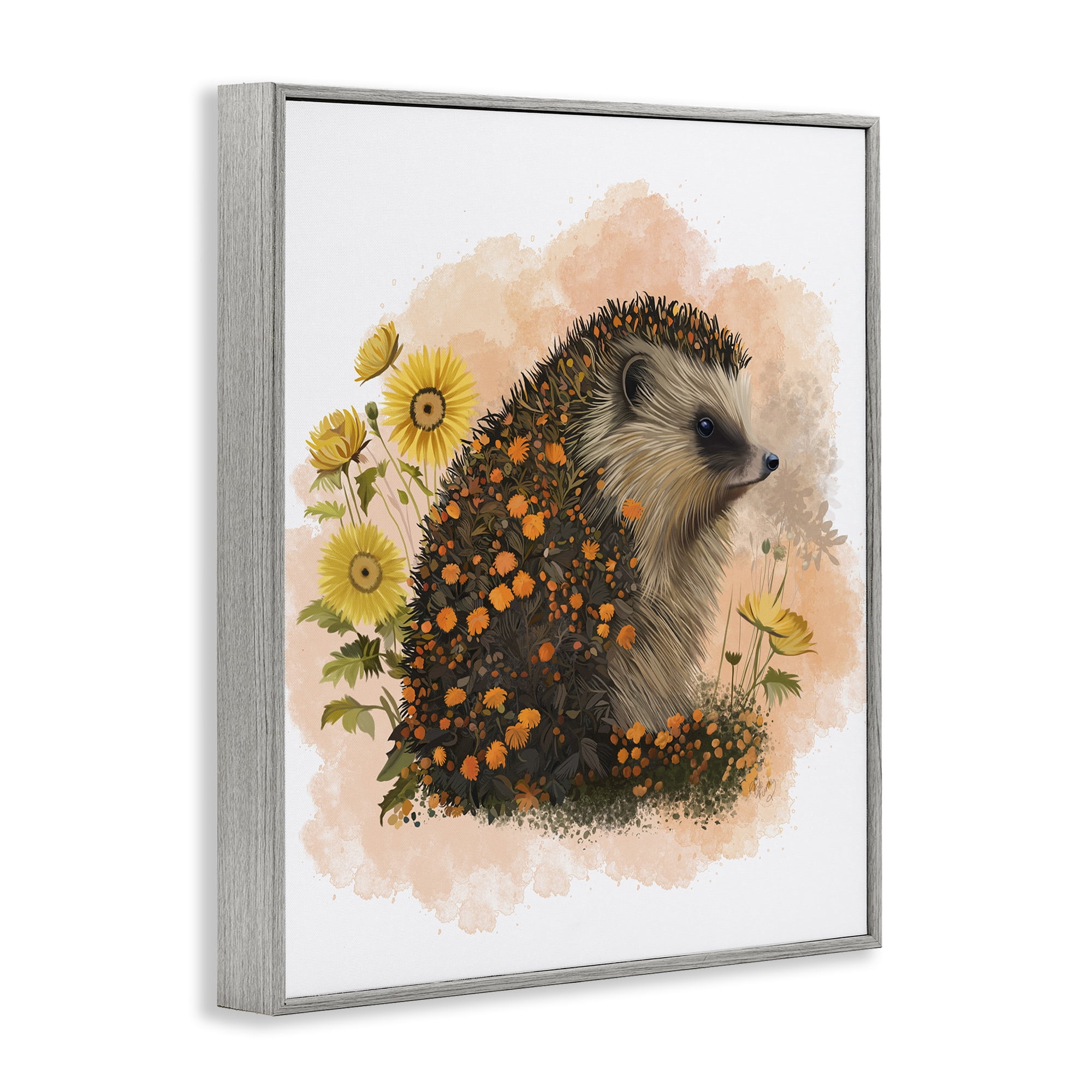 Stupell Industries Wildflower Patterned Hedgehog Animals & Insects Painting Gray Framed Art Print Wall Art, 24 x 30