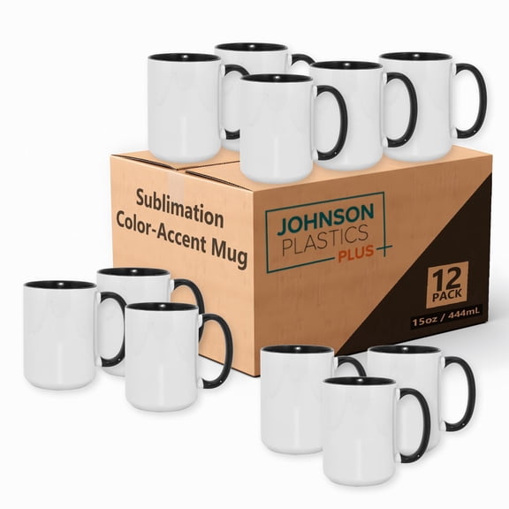 JPPlus 15oz Sublimation Mugs with Colored Handles & Interiors | Tazas para Sublimar, Bulk Mugs for Custom Designs & Branding | White Mugs Set of 12 or Case of 36- Black (12)