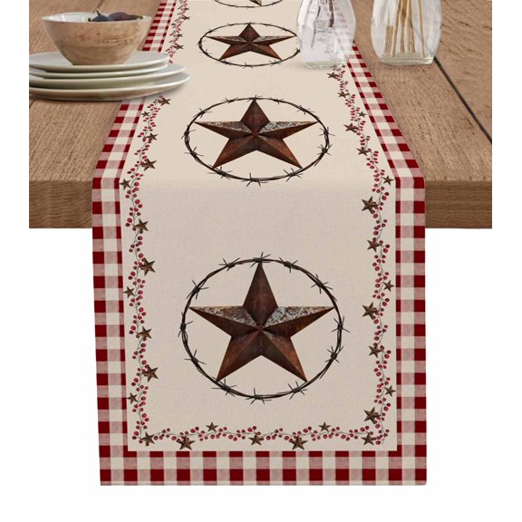 ERUNPONLY Western Table Runner - 36 Inch Long Texas Star Farmhouse Red Plaid Brown Country Cotton and Linen Blended Dress Scarves Farmhouse Table Runner for Kitchen Dining, Coffee Table, 13"x36"
