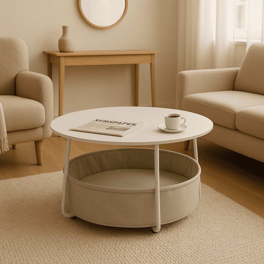 Homy Casa Coffee Table with Fabric Storage Basket, Round Table for Living Room Corner, White
