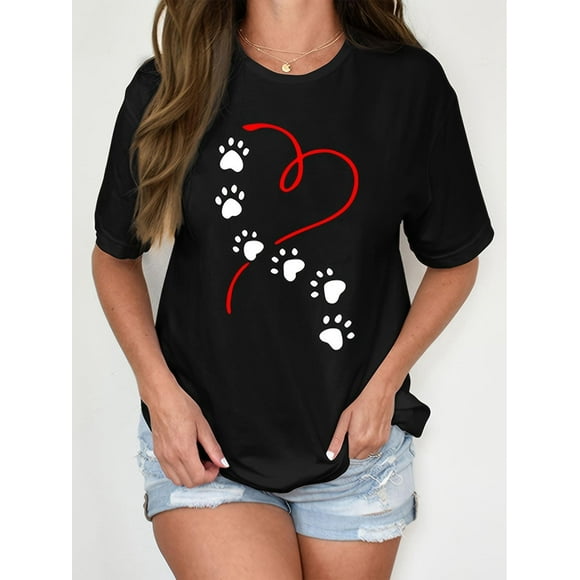 Women's 100% Cat Paw Print T-Shirt - Black Casual Short Sleeve Tee with Red Heart & White Paw Design, Soft & Comfortable Casual Attire, Cat Tshirt