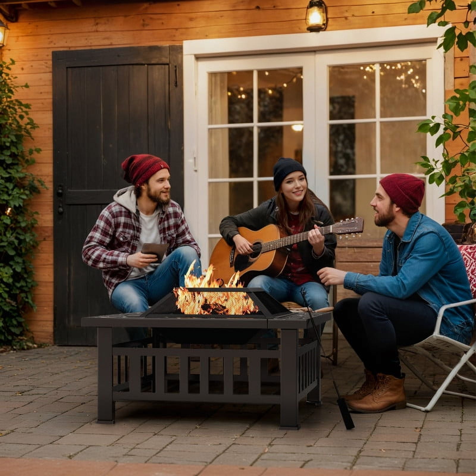 Devoko Outdoor 32" Square Metal Fire Pit with Cover and Poker, Black