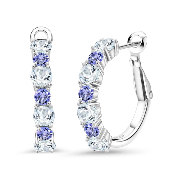 Gem Stone King 925 Sterling Silver Sky Blue Aquamarine and Blue Tanzanite Hoop Earrings for Women (2.90 Cttw, Gemstone March Birthstone, Round 4MM and 3MM)