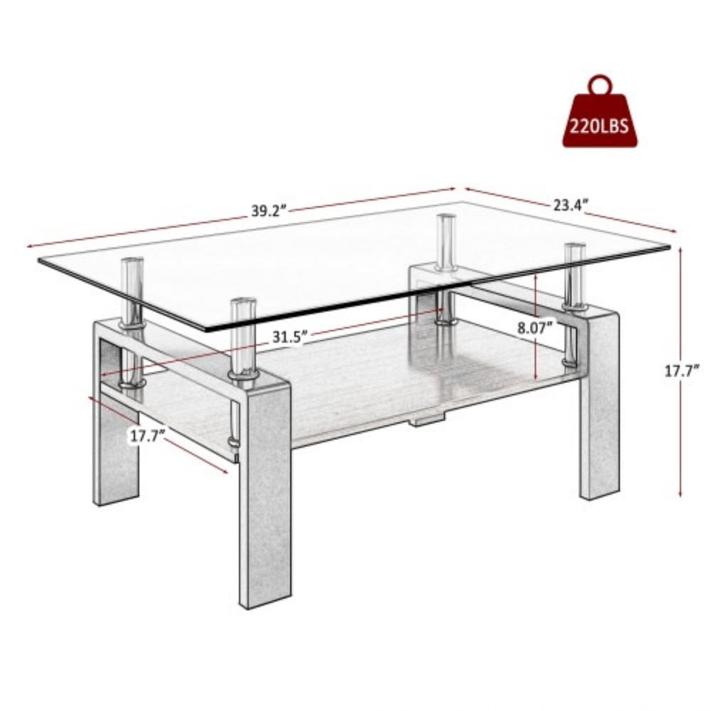 Rectangle Coffee Table, 39.2" Tempered Glass Tabletop with Grey MDF Storage Shelf and Iron Legs, Modern Clear Glass Center Table for Living Room, 220 lbs