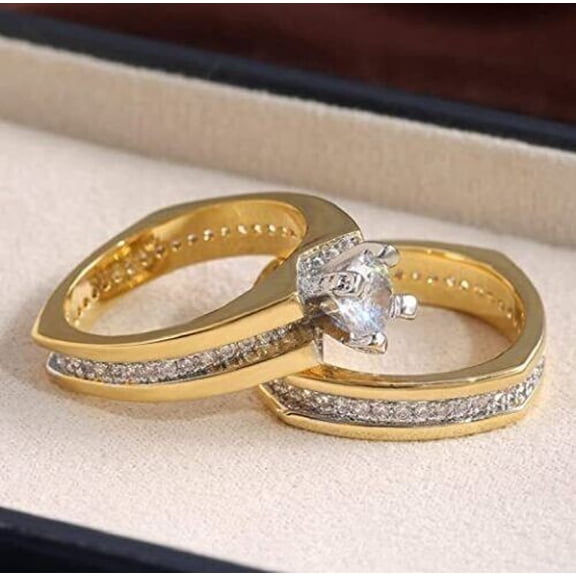 Sparkle Jewels 14k Yellow Gold Plated 2Pcs Bridal Set Ring 1.7 Ct CZ Beautiful Couple Anniversary Ring