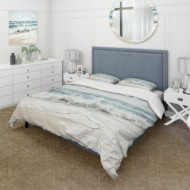 Designart "Beach Simplicity Landscape III" Nautical & Beach Bedding Covert Set - Coastal Beach Grey Coastal Bed Set With 1 Sham
