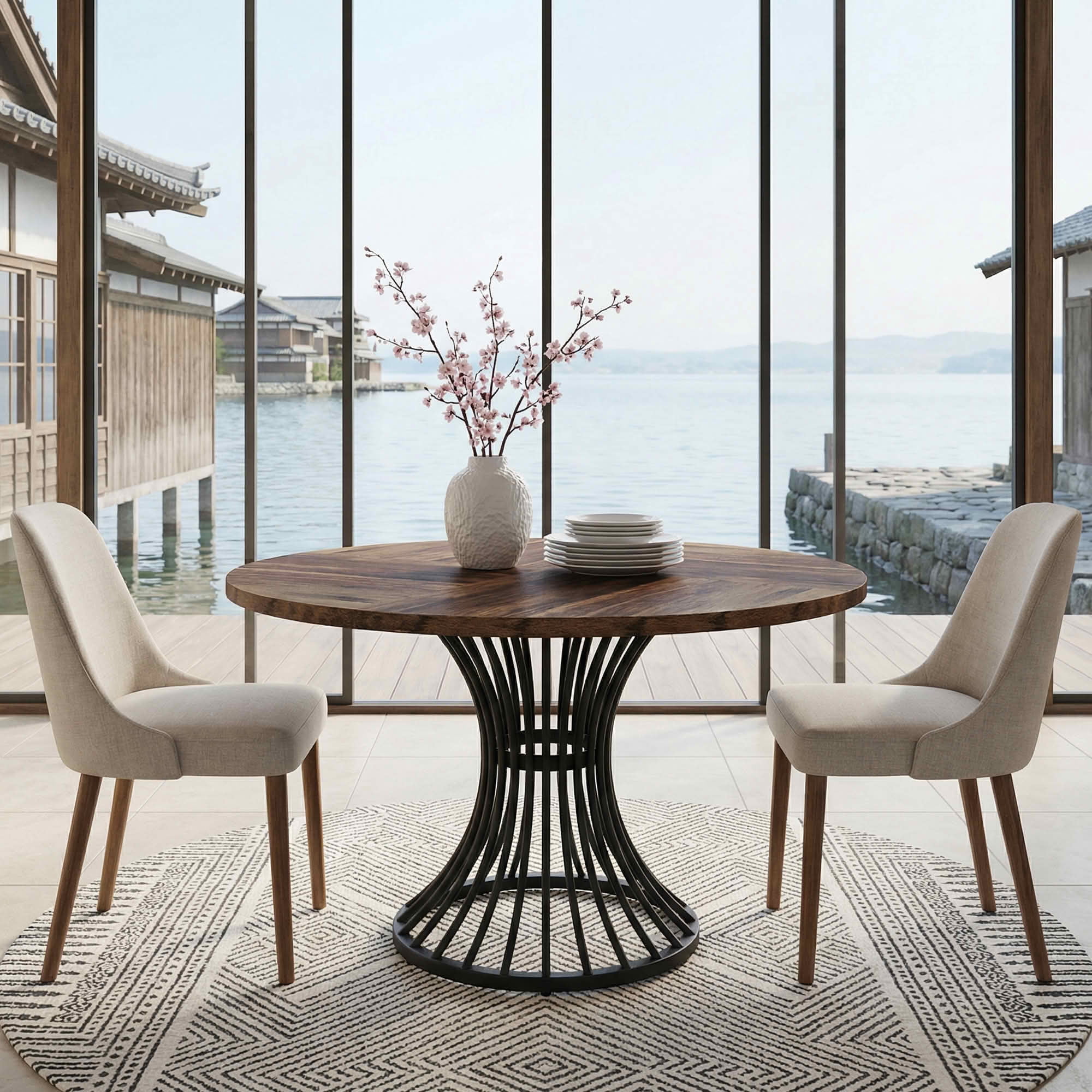 MAYEERTY 47" Round Hourglass Farmhouse Dining Table, MDF Top & Metal Base, 6-Person Versatile Table for Home & Cafe