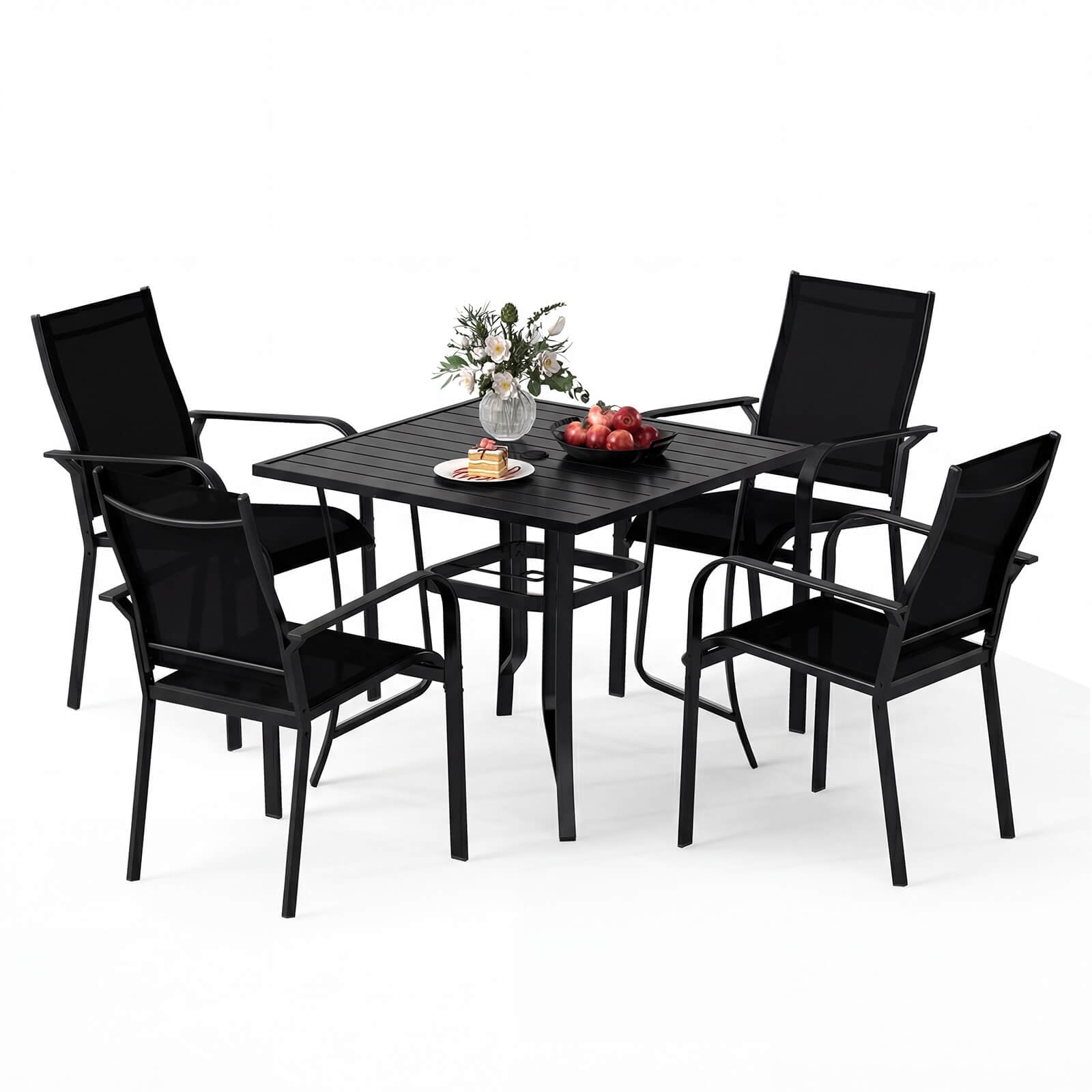 Costway 5 PCS Patio Furniture Dining Set, Outdoor Square Table & Stackable Chairs with Umbrella Hole Black