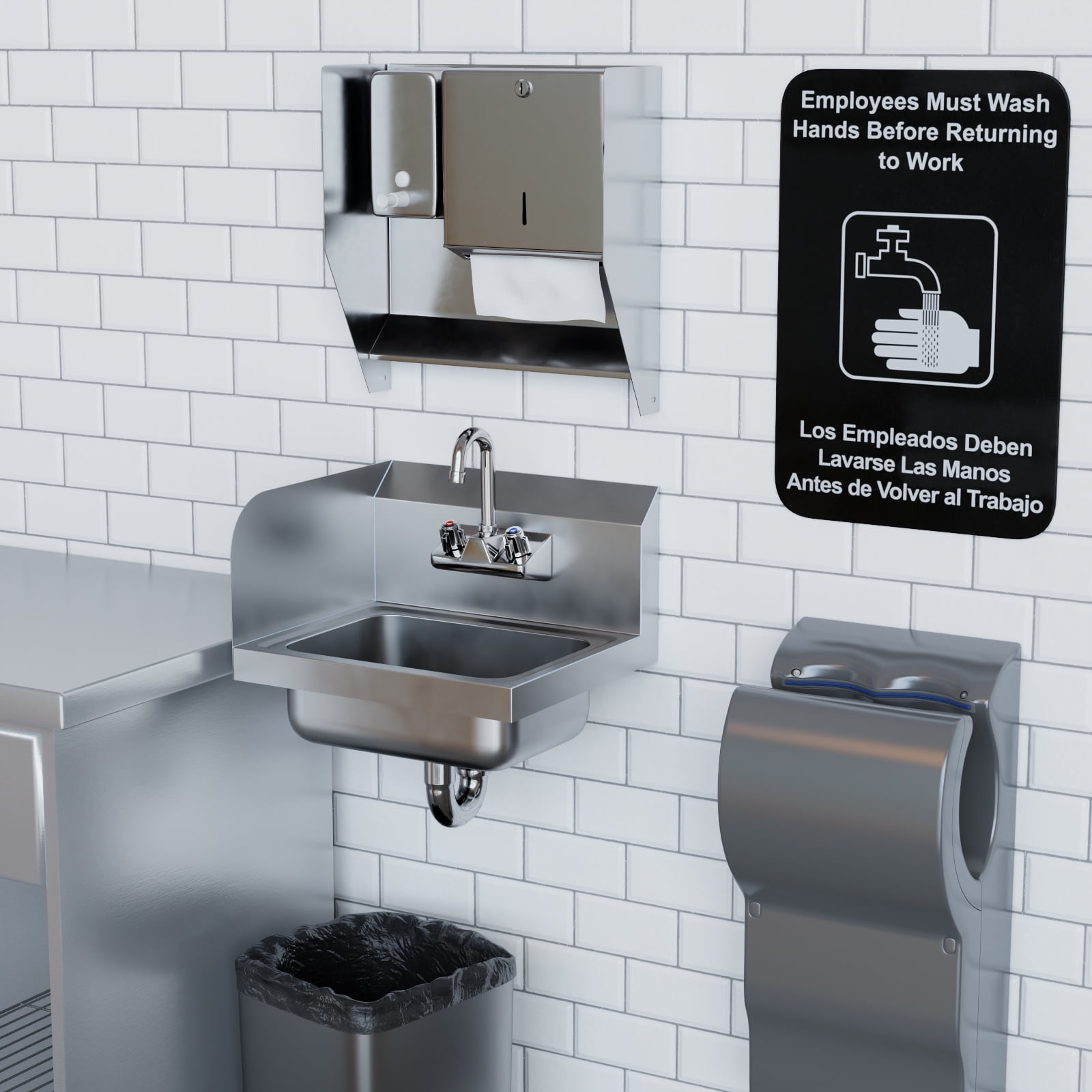 Stainless Steel Wall Mounted Hand Sink 17 in. x 15 in. with Left Side Splash and Gooseneck Faucet