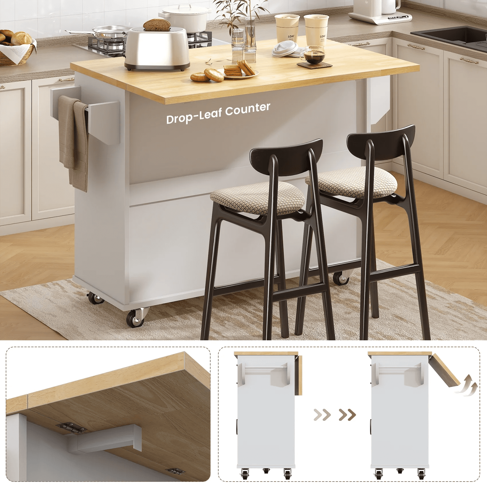 HAUXITIO Kitchen Island Cart with 3 Doors & 2 Drawers, Mobile Cart with Adjustable Shelves & Wood Top,White