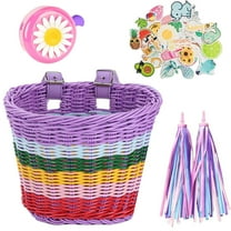 SHUWND Kid's Bicycle Basket Streamers Set, Children's Bike Handlebar Wicker Basket with Colorful Bike Streamers Bell and Stickers, Bike Decoration Accessories Kit for Girls