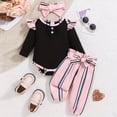 thumbnail image 2 of NOLDARES Newborn Baby Girl Fall Winter Clothes Infant Girls Outfits Ribbed Ruffled Long Sleeve Romper Bodysuit Pants Headband Set(Pink,0-3 M), 2 of 9