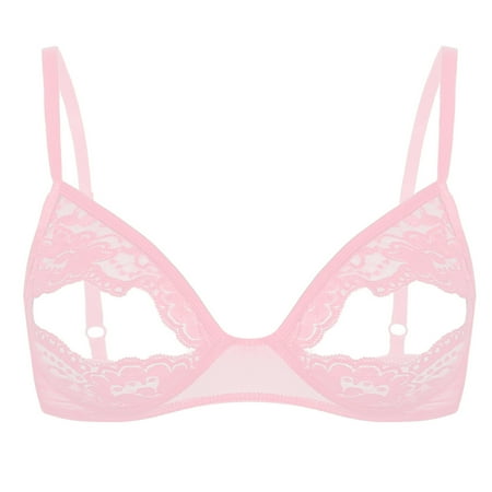 

YONGHS Woman Lace Sheer Open Tip Nipples Wire-free Triangle Unlined Bra Hollow Out Cage Bralette Pink S