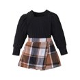 thumbnail image 1 of Pudcoco Kids Girl Fall Outfits Solid Color Square Neck Long Sleeve Tops Buttons Mini Plaid Skirts 2Pcs Clothes Set, 1 of 8