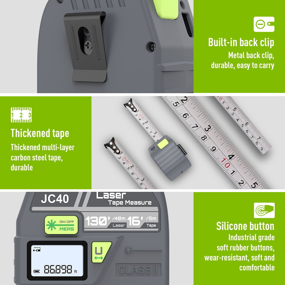 BOAYAL 2-in-1 Laser Tape Measure 131ft/40m Laser, 16ft/5m Tape, with Battery, LCD Backlit, Self-Locking, m/in/ft Measuring Tool Measurement Device