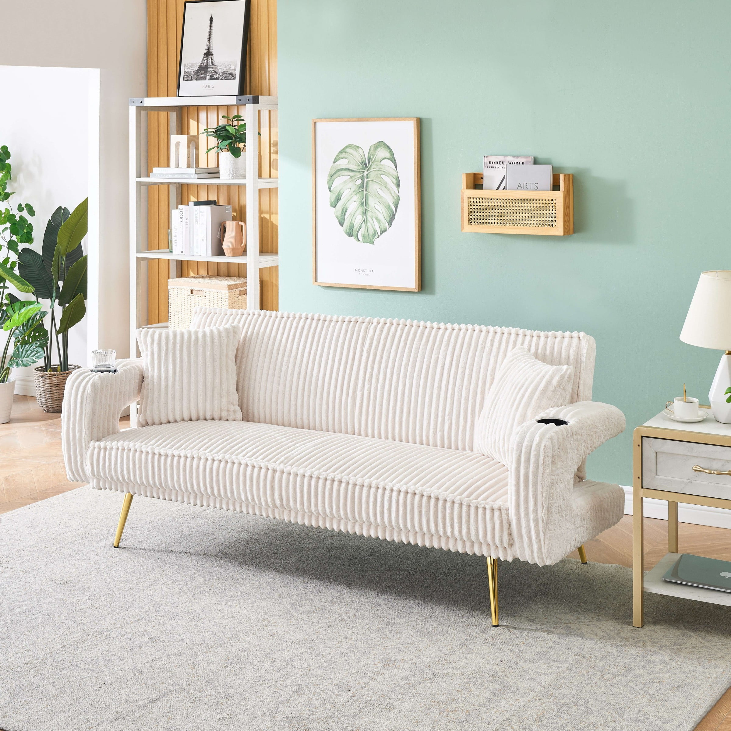 Corduroy Futon Sofa Bed with Pillows,74 inch Modern Convertible Loveseat Sleeper Bed with Adjustable Backrest for Living Room,White