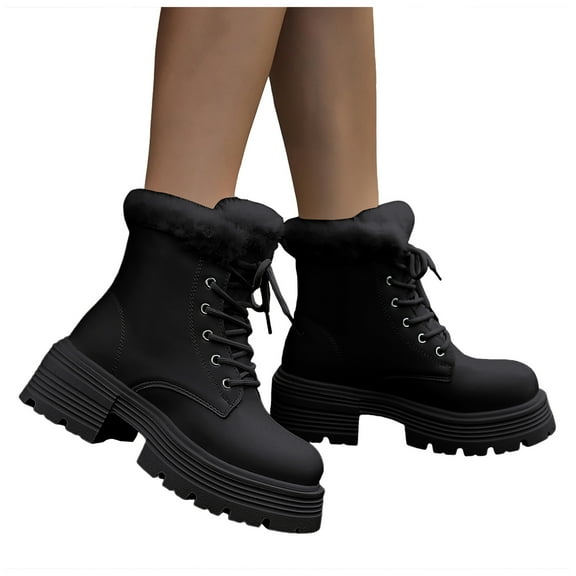 Rokment Winter Fuzzy Combat Boots for Women 2025 Fashion Leather Platform Chunky Heel Mid Calf Snow Ankle Booties