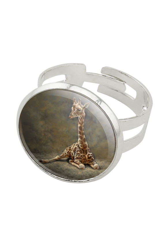 Young Baby Giraffe Sitting Silver Plated Adjustable Novelty Ring