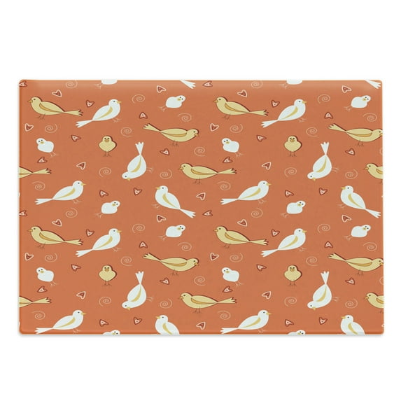Orange Cutting Board, Birds with Heart Shapes Swirling Patterns on Burnt Orange Vintage Backdrop, Decorative Tempered Glass Cutting and Serving Board, Large Size, Orange Yellow White, by Ambesonne