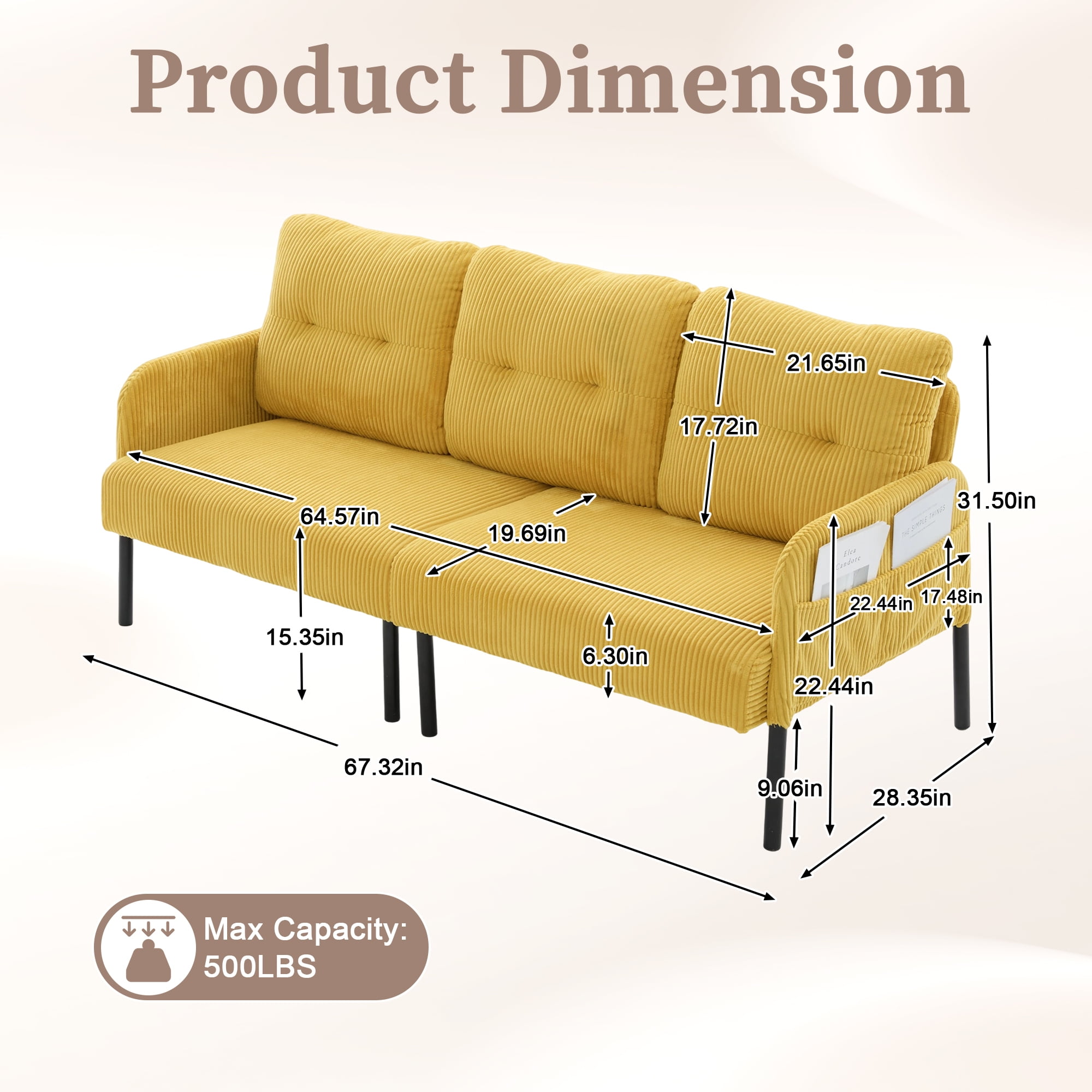 Jopath Oversized Loveseat, Double-Seater Sofa Cozy Bedroom Sofa with Metal Legs and Side Pockets for Living Room Bedroom Dorm Apartment Mustard Yellow