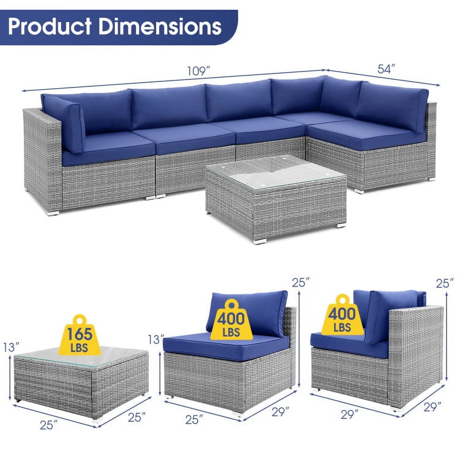 Aimee Lii 6 Piece Patio Conversation Sofa Set with Tempered Glass Coffee Table, Outdoor Patio Set, Navy Aimee Lii 6 Piece Patio Conversation Sofa Set with Tempered Glass Coffee Table, Outdoor Patio Set, Navy