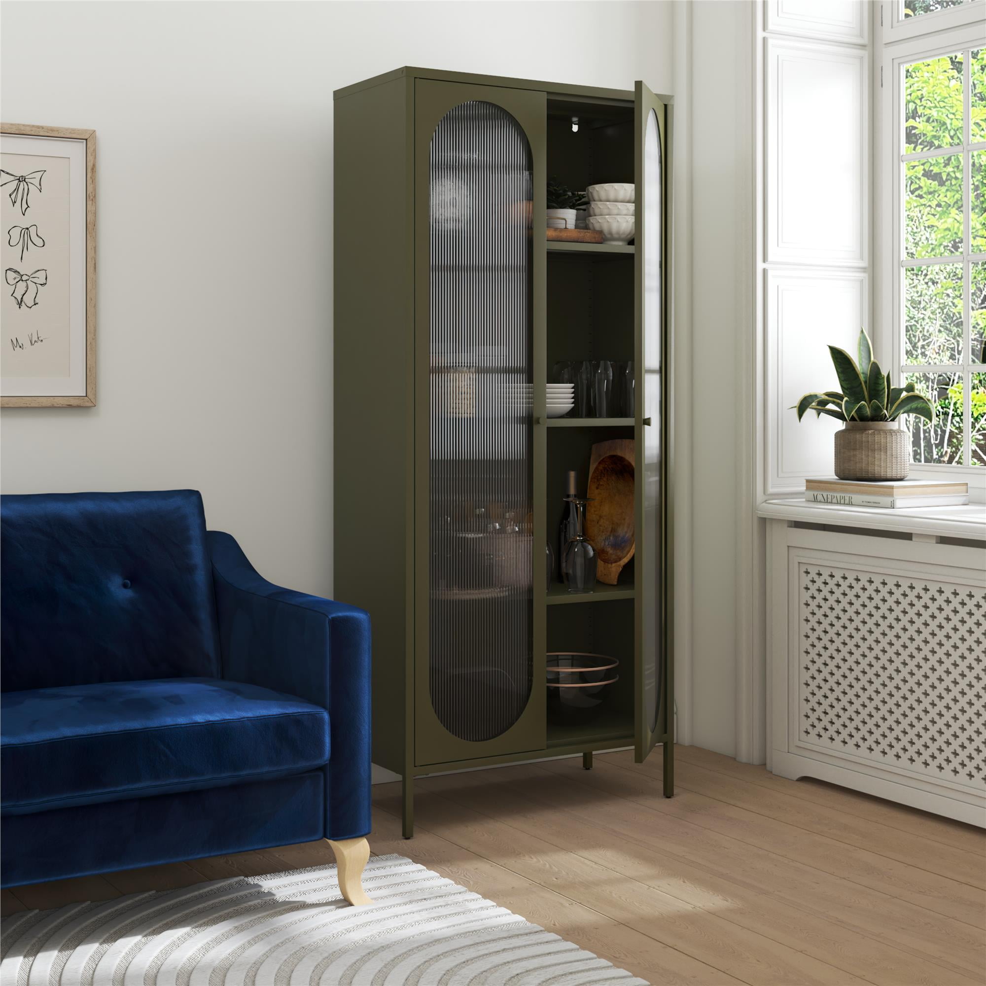 Mr. Kate Luna Tall 2-Door Accent Cabinet with Fluted Glass, Olive Green