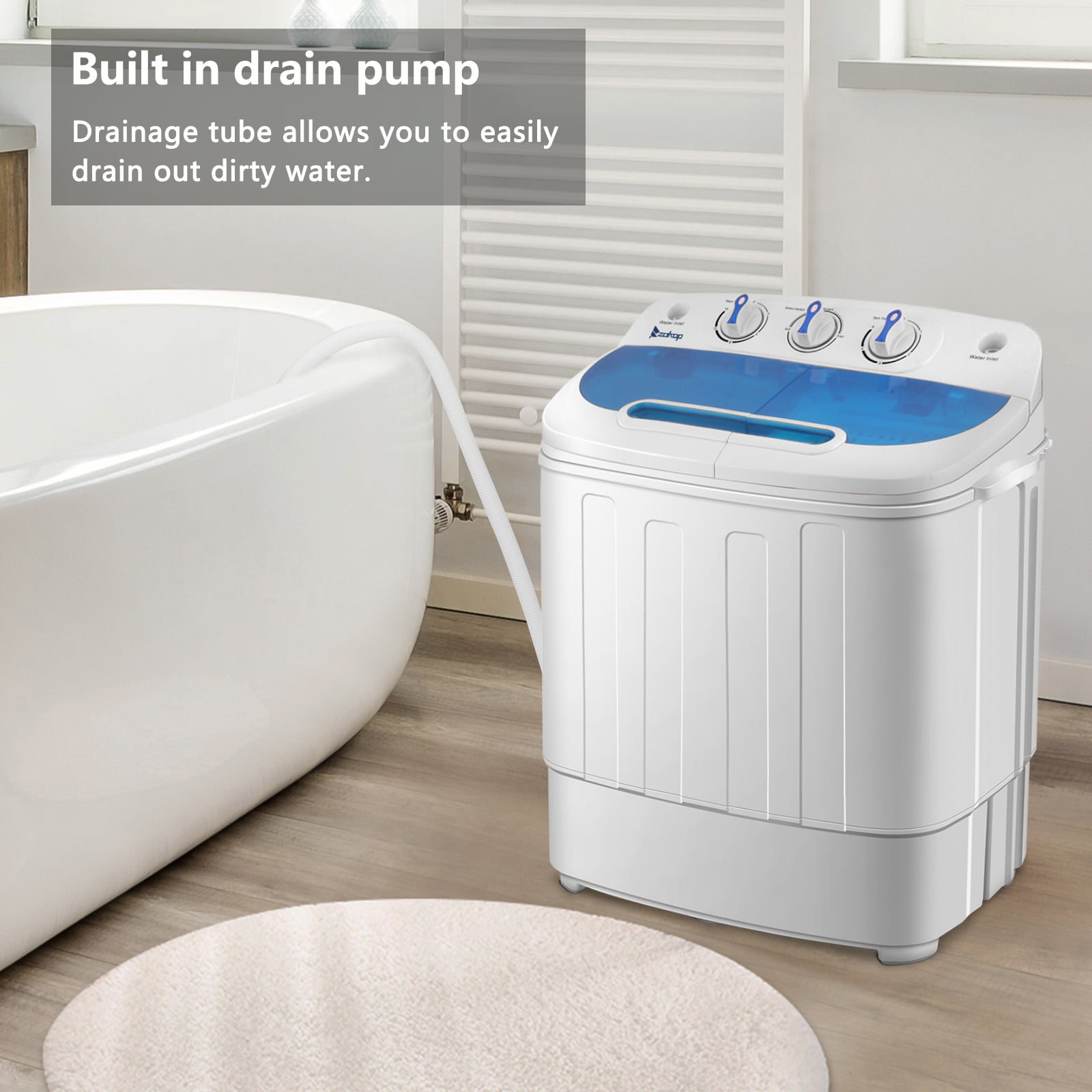 BBBuy Mini Portable Washing Machine, Twin Tub Compact Washing Machine w/Washer Spinner Gravity Drain Pump and Drain Hose 