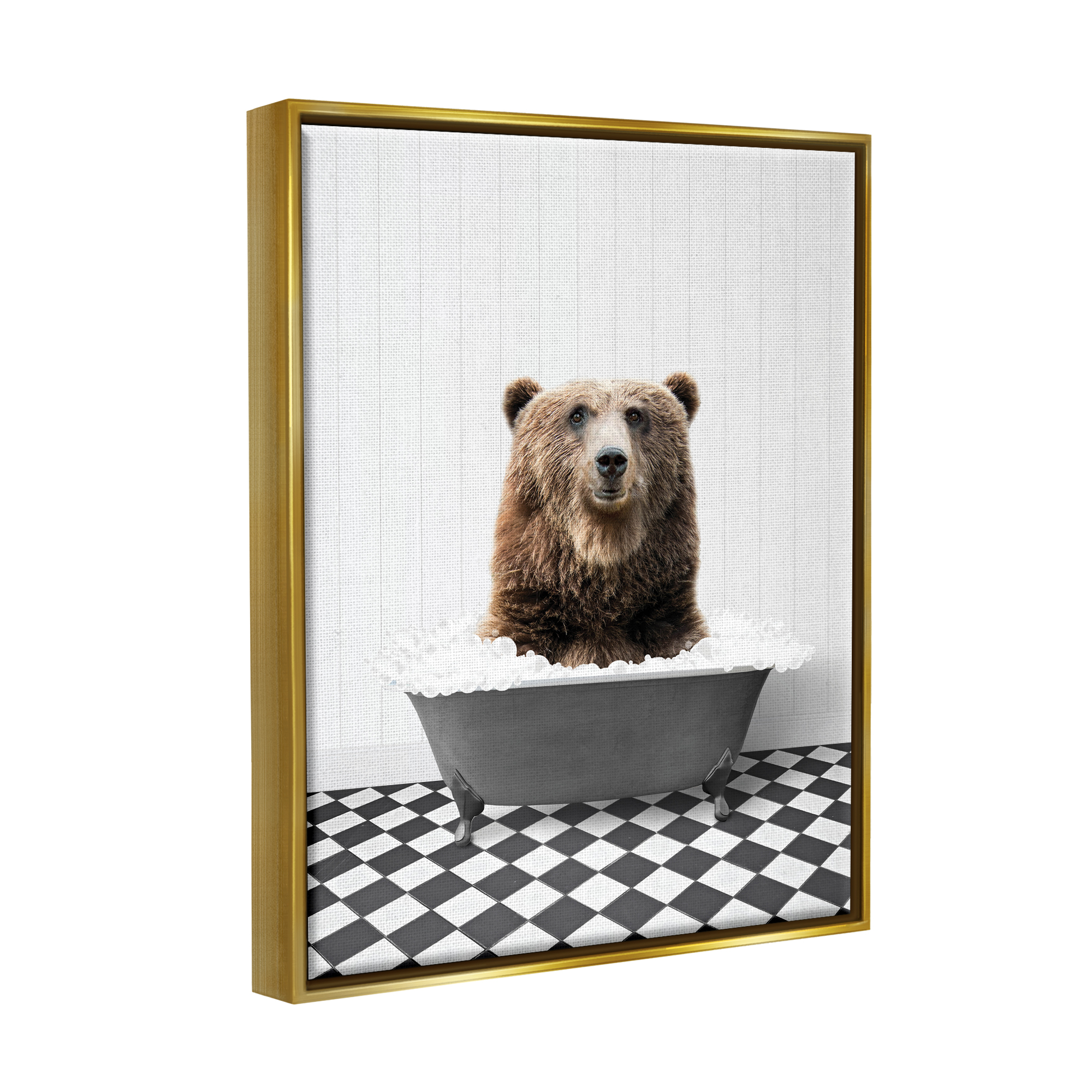 Stupell Industries Bear in Bathroom Tub Animals & Insects Painting Gold Floater Framed Art Print Wall Art, 17 x 21
