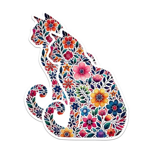 (2 Pack) Flower Cat Magnets - Floral Cat Design Magnets - Colorful Cat Art Magnets- 5" On Longest Side - for Fridges, Toolboxes, Cars - Made in USA - MAG2791