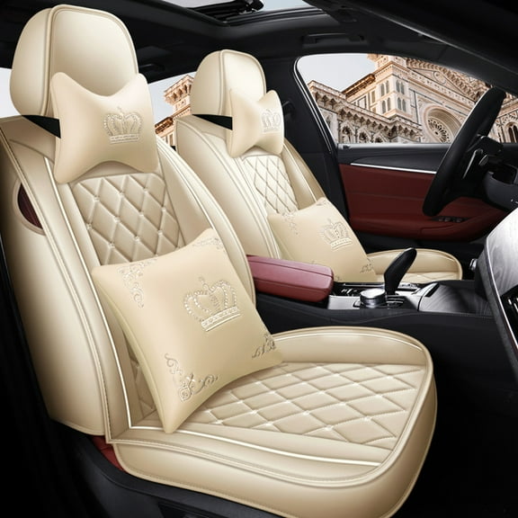Tuqiang Car Seat Covers Leather for Hyundai for Elantra 2000-2015 Airbag Compatible Seat Protection System Full Set with Pollow and Headrest Beige