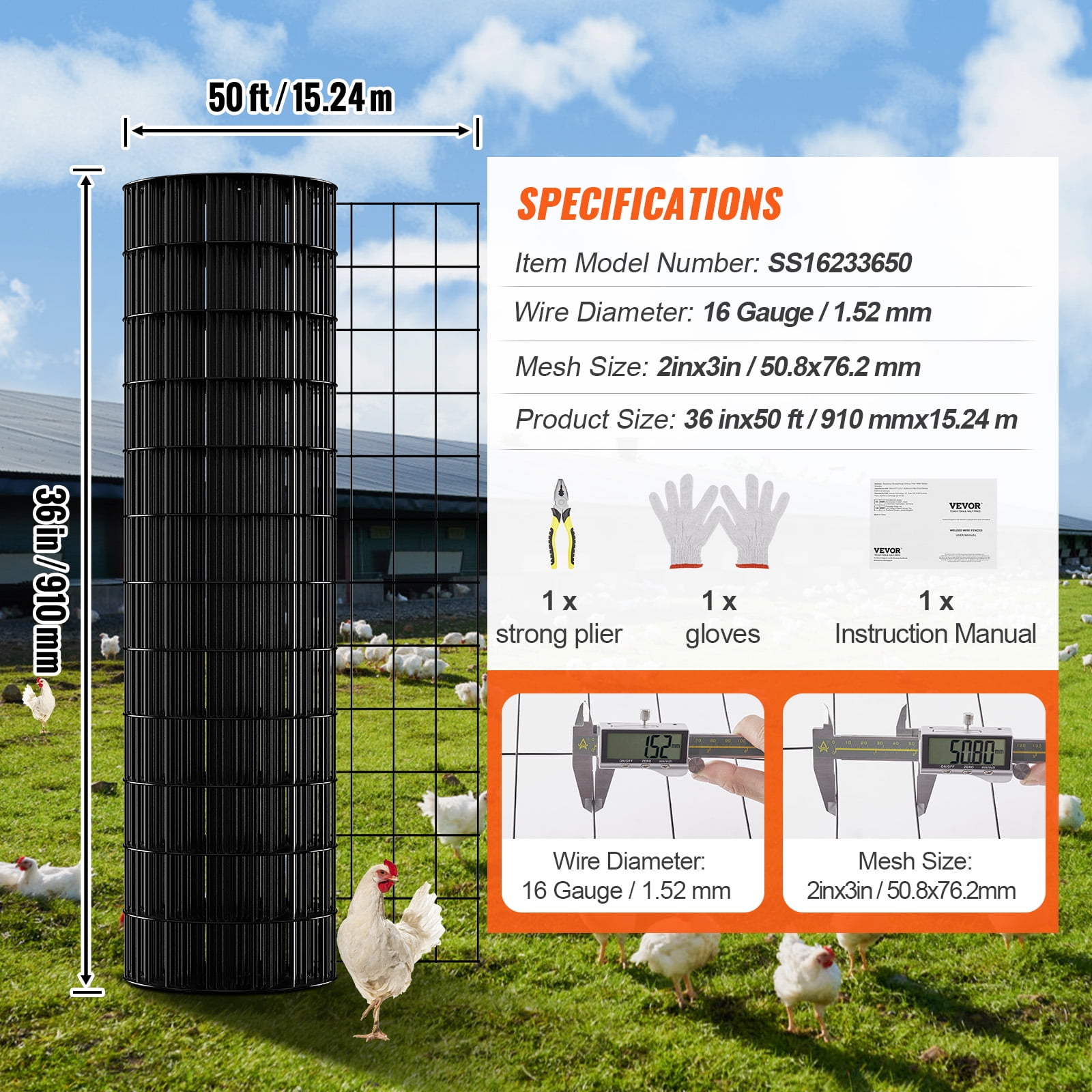 KFFKFF Hardware Fabric, 36'' x 50' Zinc-Coated Wire Mesh Roll, 16 Gauge Poultry Netting Roll, Plastic Coated Metallic Wire Mesh for Hen House Barrier, Rabbit Snake Fencing, Bird Cage Surroundings
