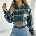 thumbnail image 4 of STETMN Women's Fall Crop Plaid Jacket Button Lapel Casual Coat Loose Long Sleeve Coat with Pocket, 4 of 8