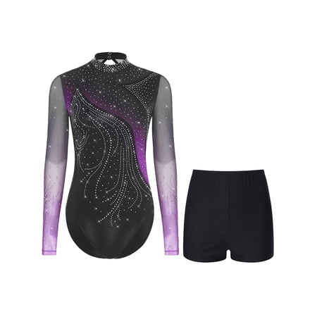Doomiva Gymnastics Leotards for Women Long Sleeve with Shorts Set Sparkly Dance Ballet Unitard Purple XXL
