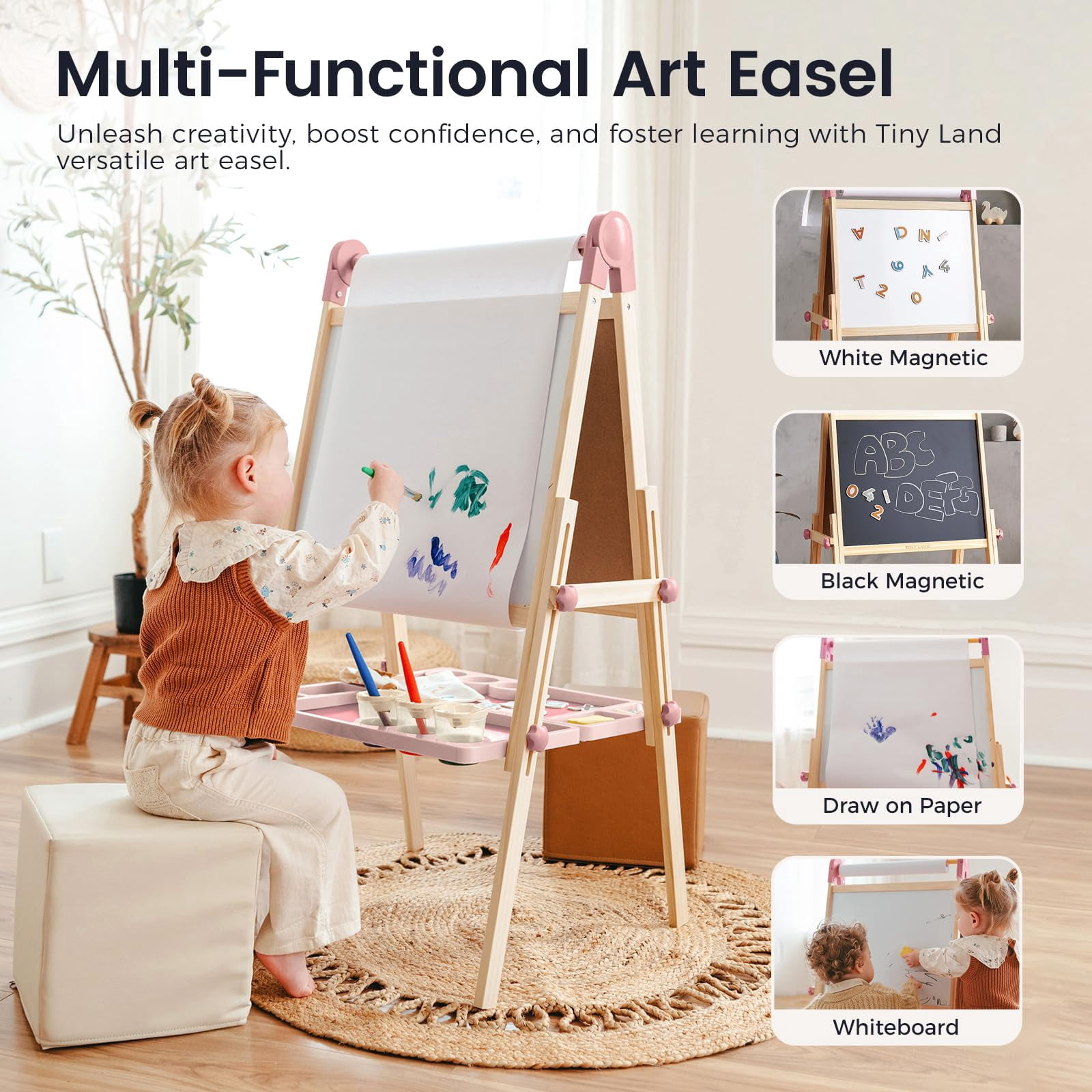 Tiny Land Easel for Kids, Double-Sided Magnetic Easel with Drawing Accessories, Adjustable Wooden Kids Art Easel with Paper Roll, Learning-Toy for 3-8 Years Old Boy & Girls Pink