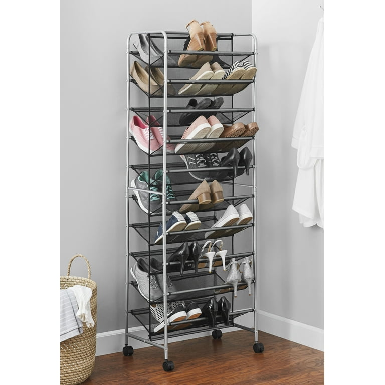 Mainstays 10 Tier 60 Pair Metal and Mesh Rolling Shoe Rack