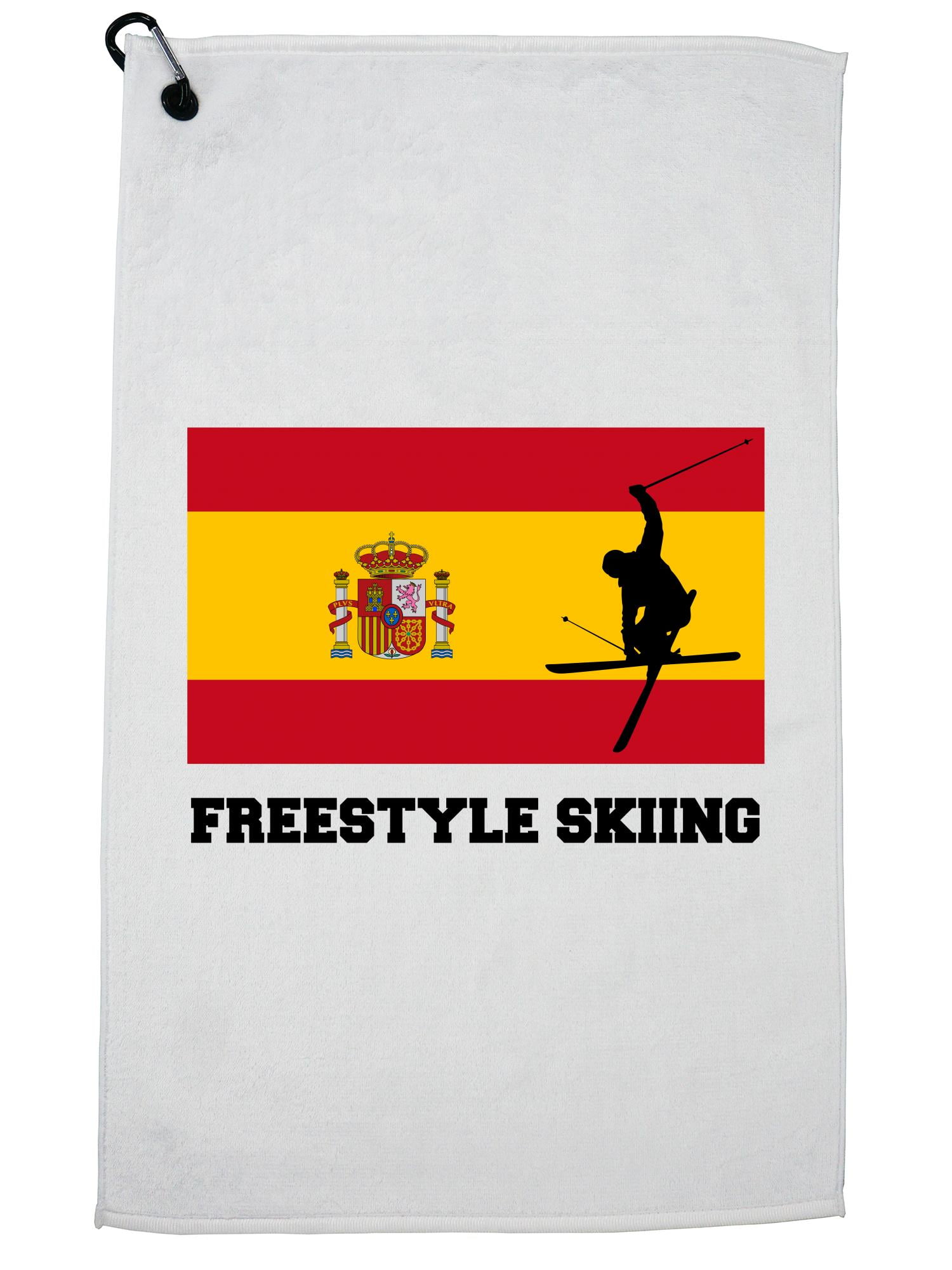Spain Olympic Freestyle Skiing Flag Silhouette Golf Towel with Carabiner Clip by Hollywood Thread