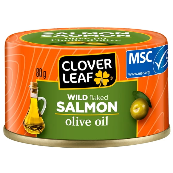 Clover Leaf Wild Flaked Salmon - Olive Oil 80g, MSC Certified, 100% Preservative-Free, Canned Fish. Gluten Free