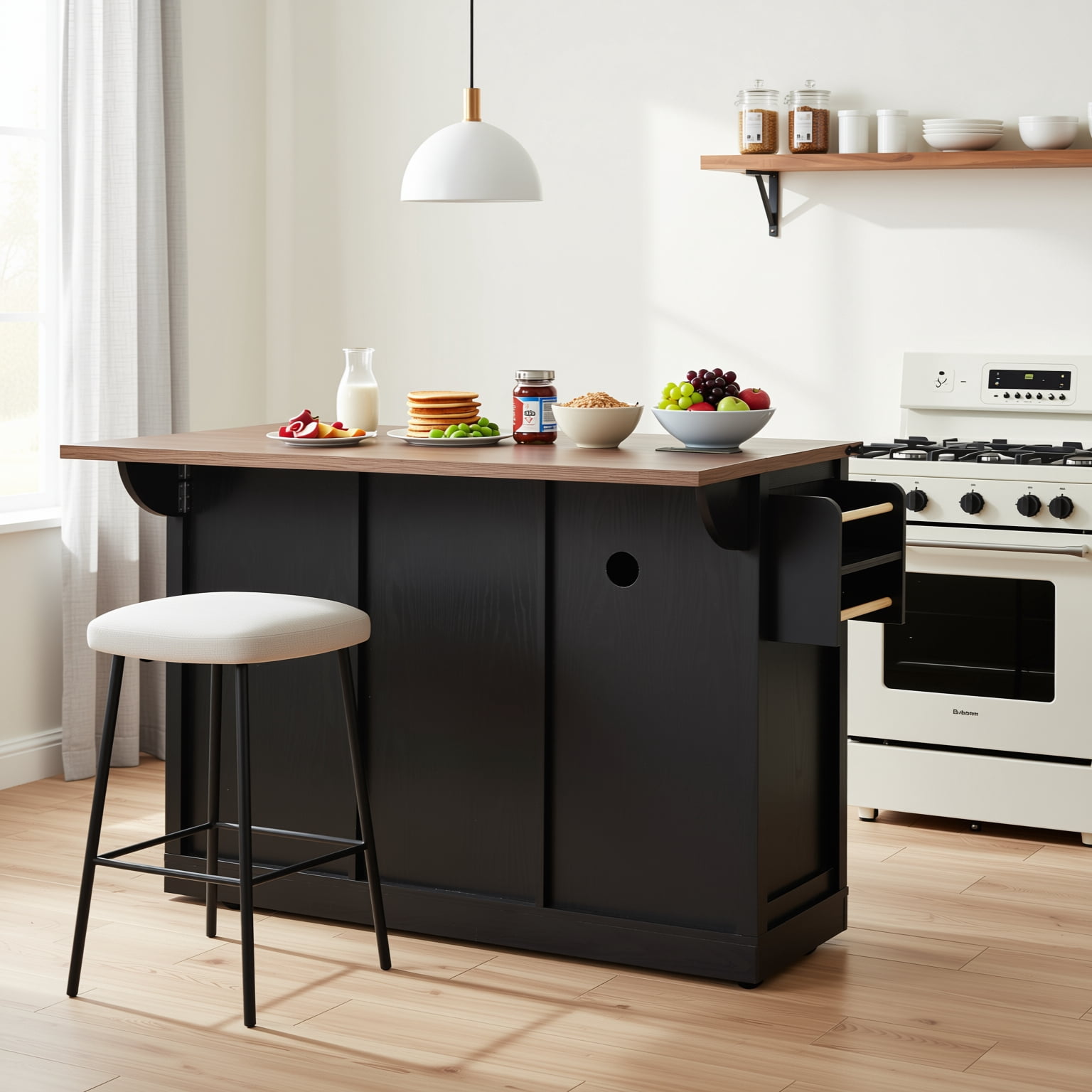 Homy Casa Farmhouse 53.7" Rolling Kitchen Island Cart with Drop Leaf, Power Outlet, Black/Walnut