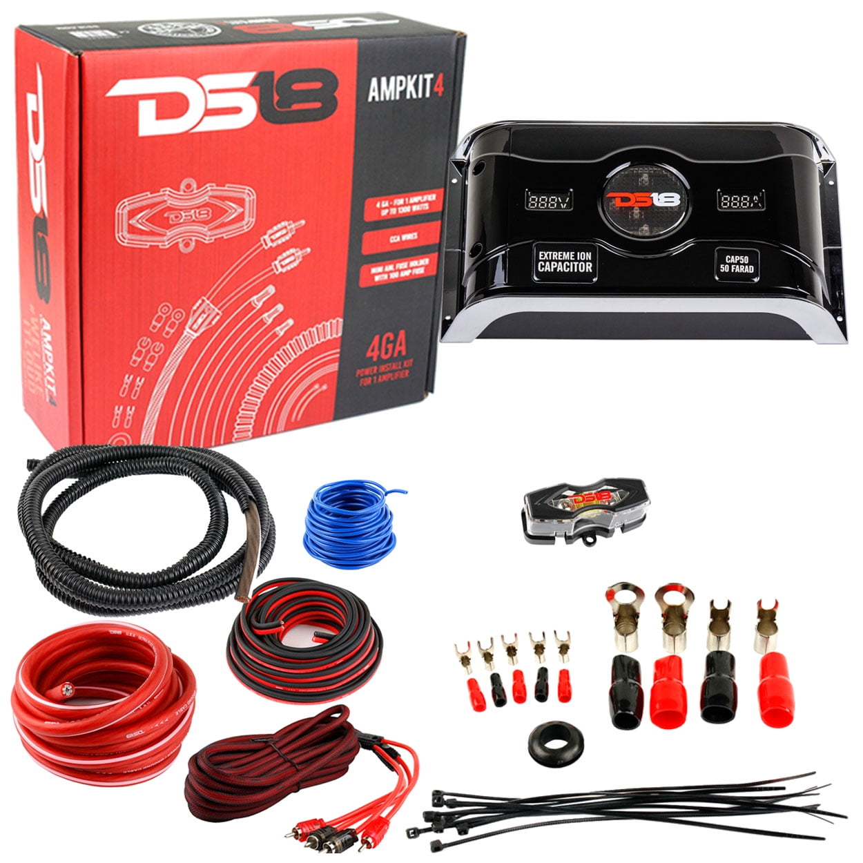 DS18 CAP50 50 Farad Capacitor 4 Gauge Amplifier ... farad capacitor wiring 