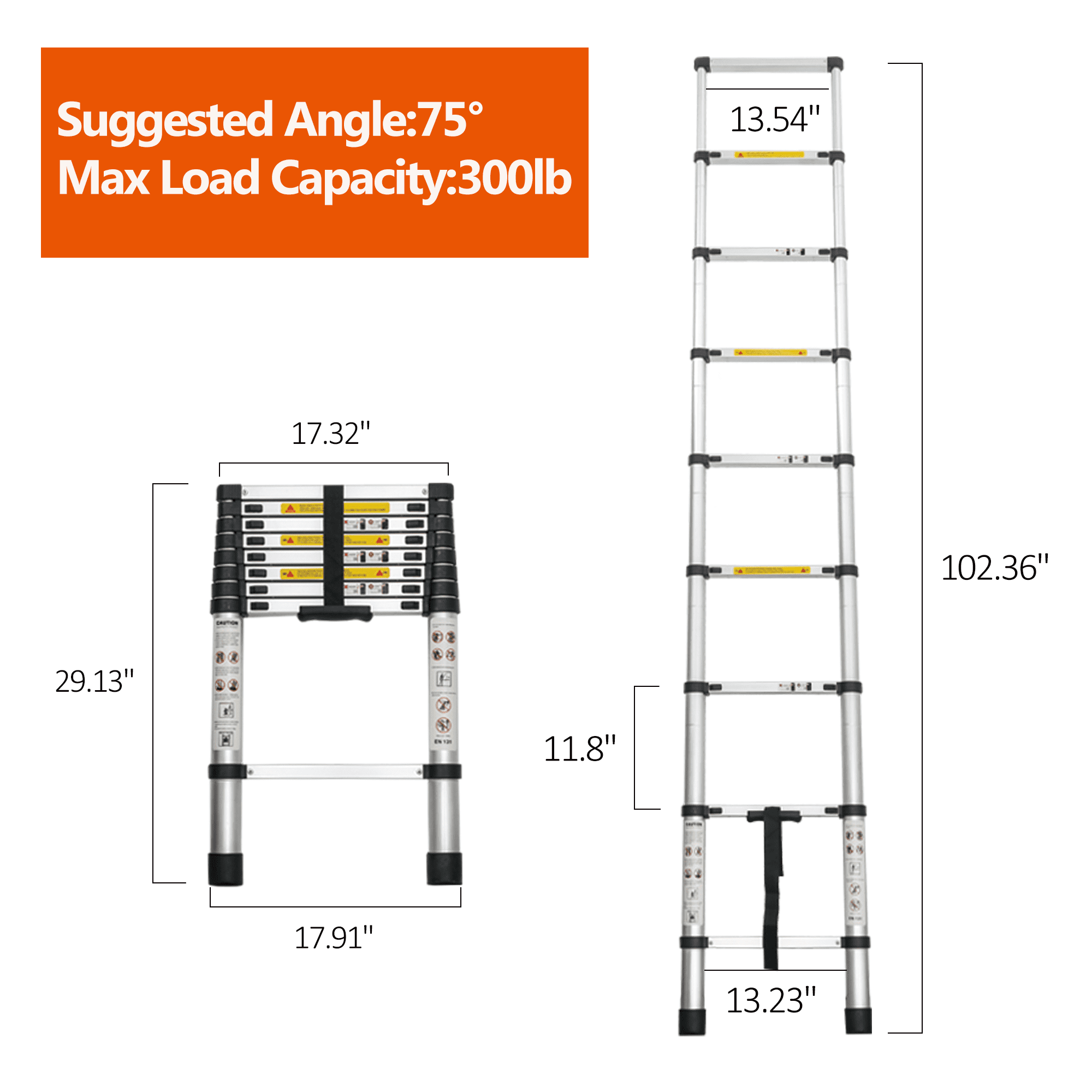 Heavy-Duty 8.5-Foot Telescoping Ladder with Aluminum Alloy Construction, Folding Extension Ladder for Indoor and Outdoor Use, 300 lb Capacity, Black
