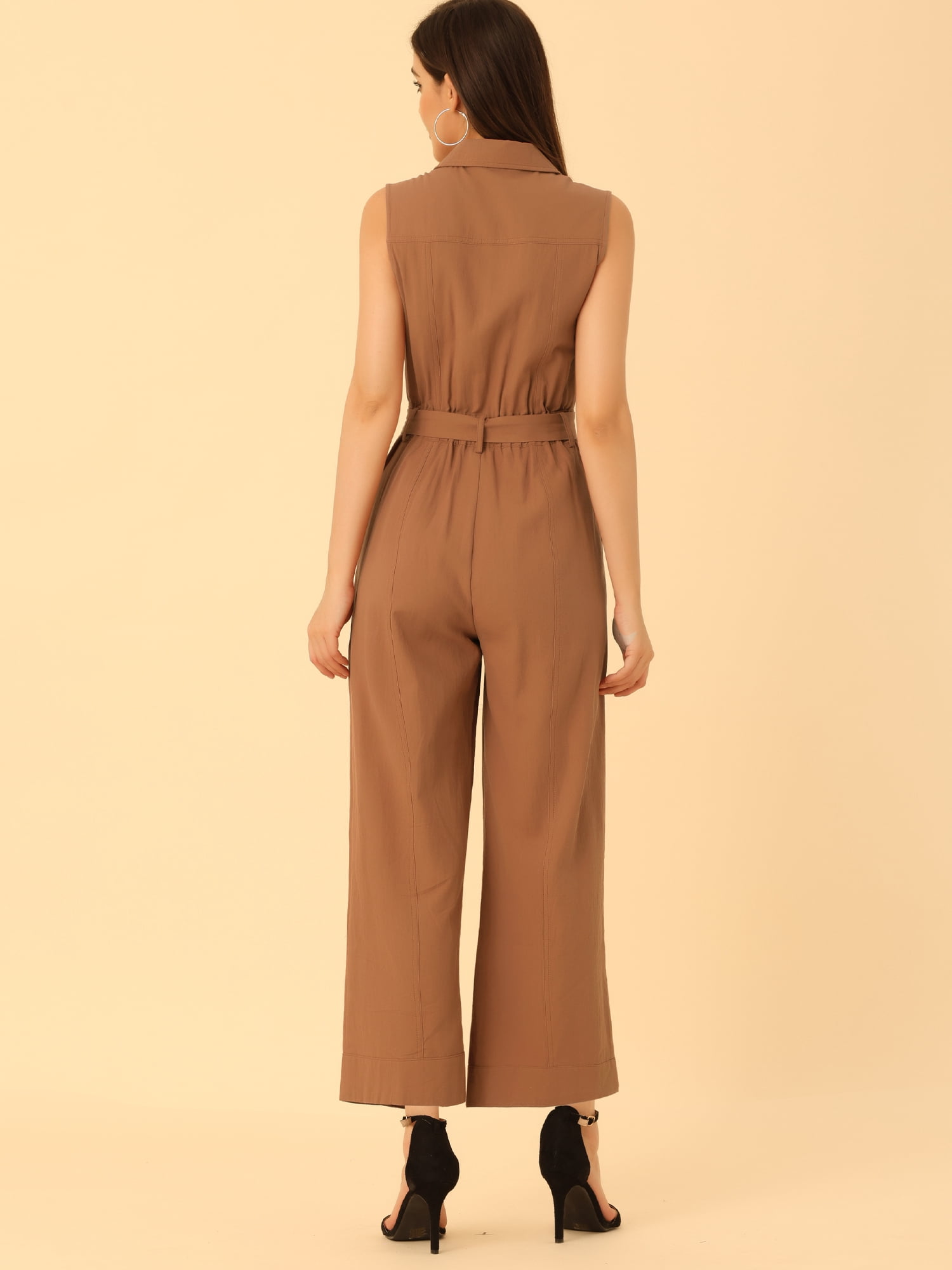 DARING DIVA Women's Wide Leg Jumpsuit Collared Tie Waist Coverall S Brown