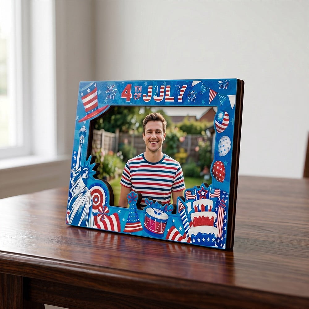 4th of July Photo Frame, Patriotic Home Decor, Wooden Photo Frame with Star and Flag Theme for Independence Day, Displays Cherished Memories On Tables, Walls