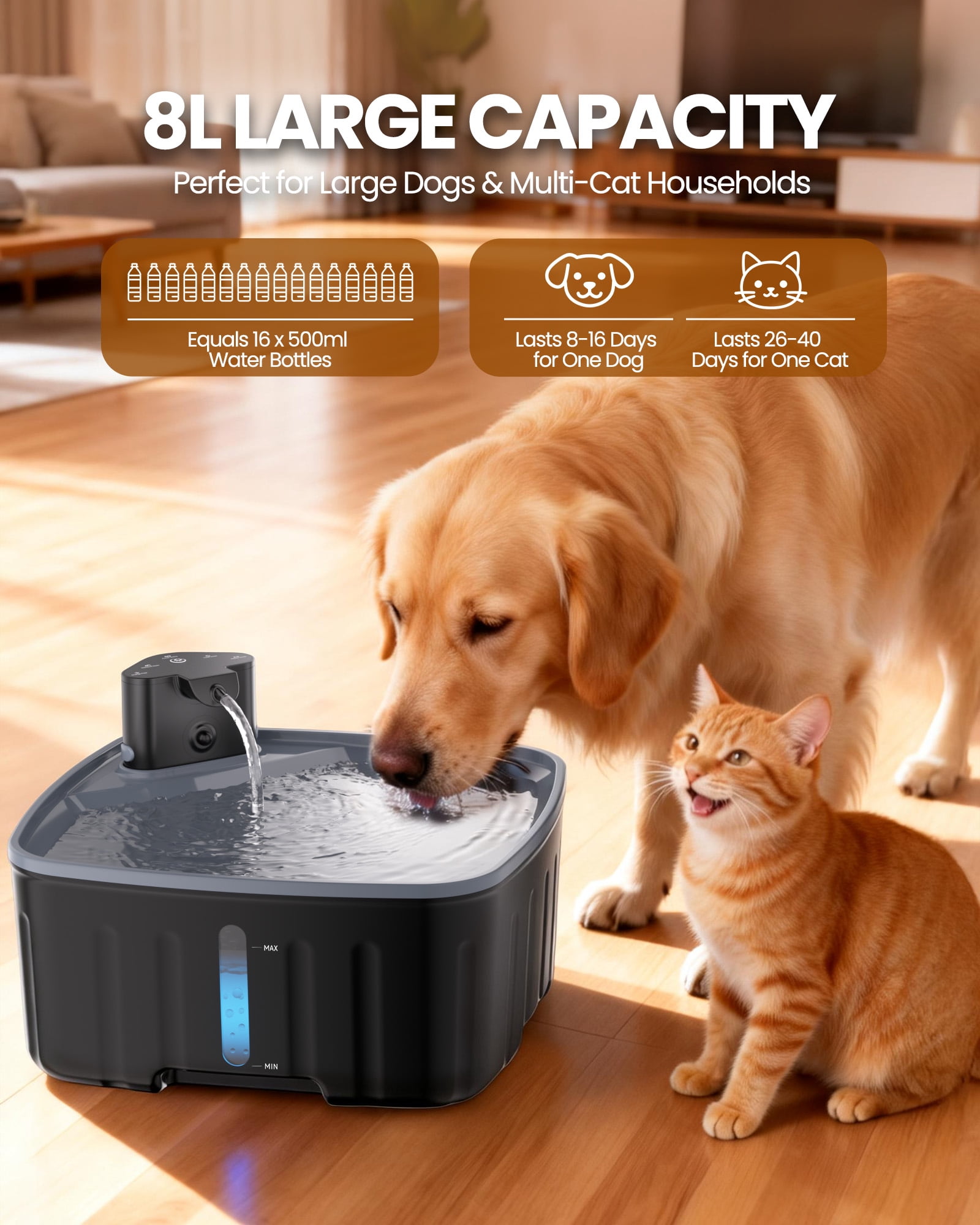 FURCLAN Pet Water Fountain Wireless Dog Water Fountain Dispenser with 4 Flow Modes and Replacement Filter 2.2Gal 8L Extra Large Capacity Cat Water Fountain for Cats and Dogs Black