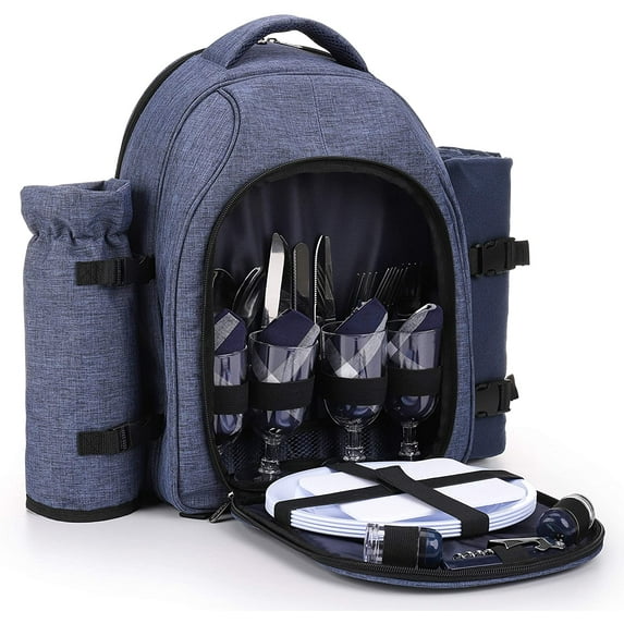 Picnic Backpack Bag for 4 Person with Cooler Compartment, Detachable Bottle/Wine Holder, Fleece Blanket, Plates and Cutlery Set(4 Person, Navy)