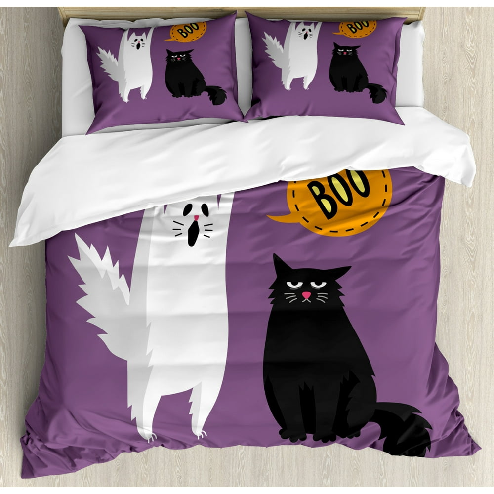 Halloween Duvet Cover Set Queen Size, Funny Scene of Ghost White Cat