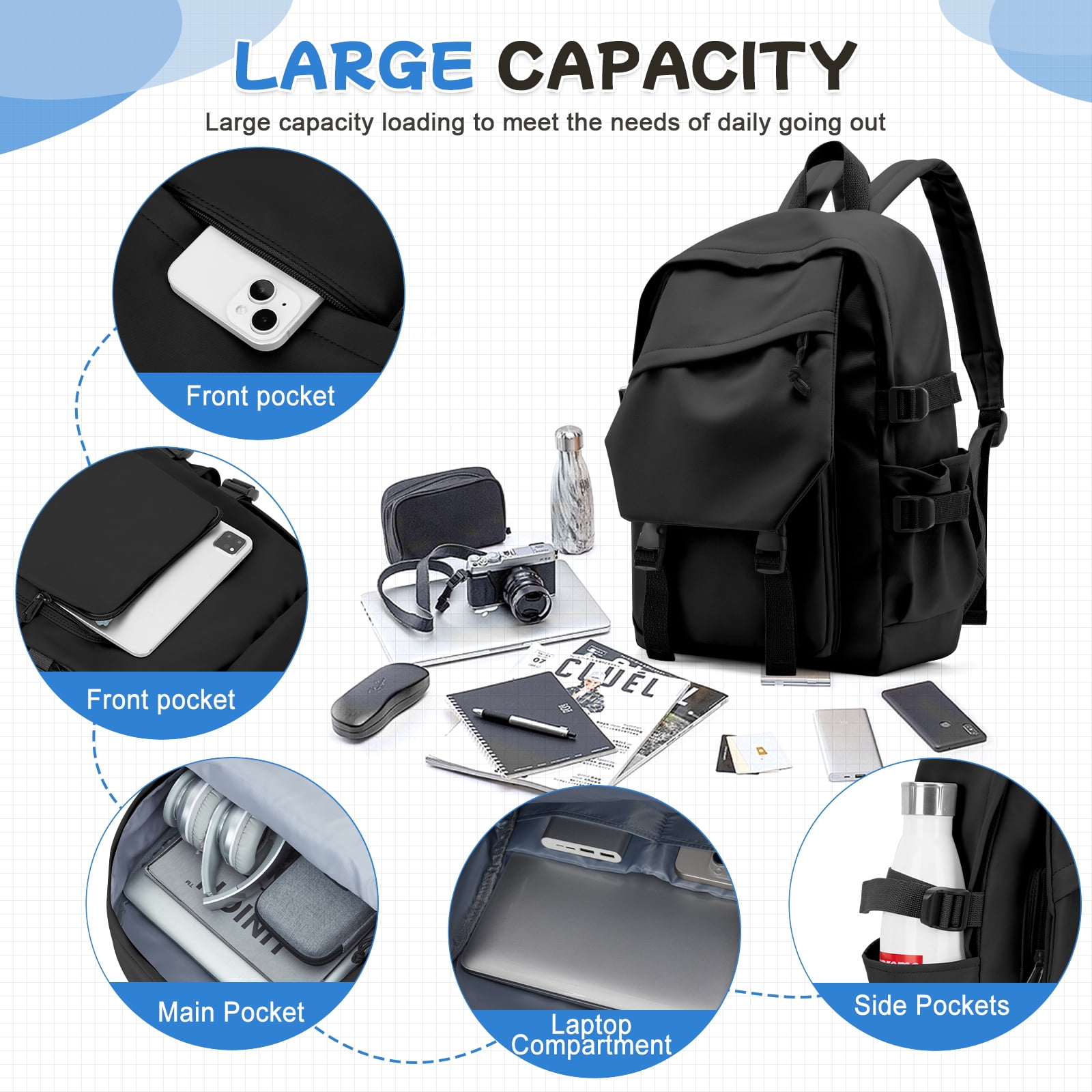 SYCNB School Backpack for Men Women College Bookbag Waterproof Lightweight Black Backpack Mochilas Book Bag Rucksack Casual Daypack School Bag for Students