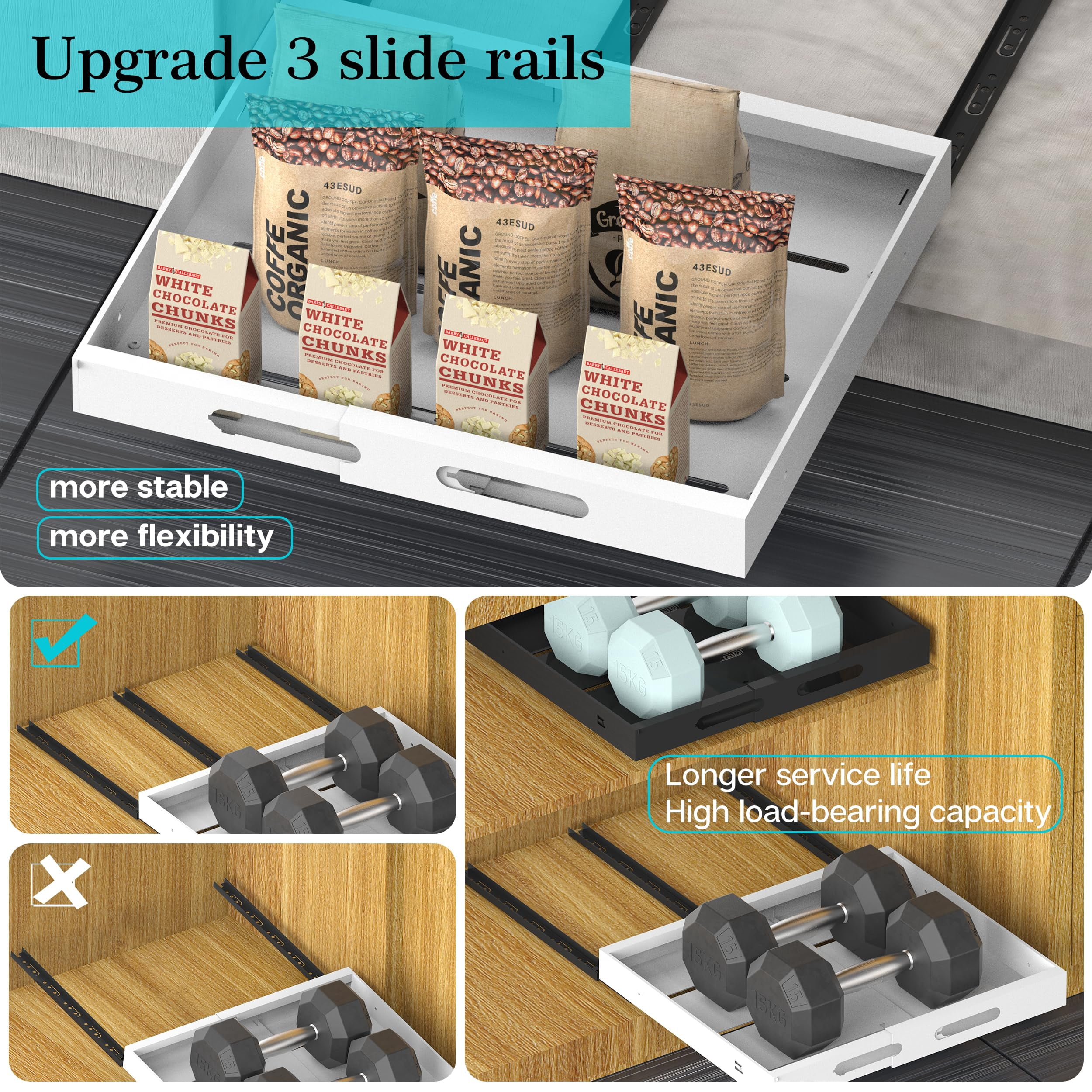 STORKING Expandable Pull Out Cabinet Organizer 21" Deep, White Adhesive Pull Out Drawers for Cabinets 12.6"W - 20.5"W, No Drill Expandablet Drawer for Kitchen, Pantry, Bathroom