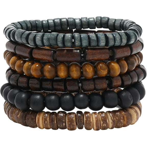 Zovator Wooden Stretch Bracelets for Women Men, 6Pcs Natutral Beads Wristband Men's Bead Bracelet Beaded Bracelets for Men Adjustable Elastic Mens Bracelet Set Cuffs Gifts for Men