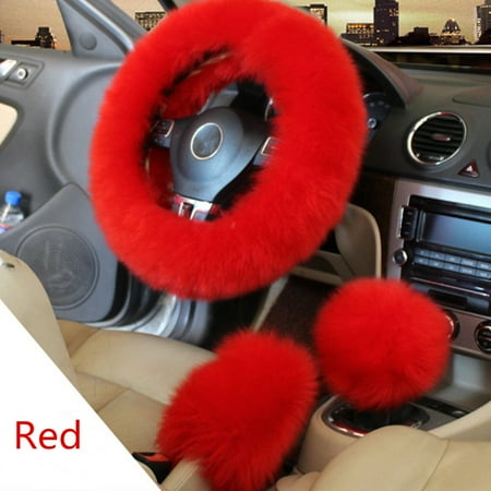 3pcs Fashion Furry Car Steering Wheel Cover Protector Gear Knob Shifter Parking Brake Cover Set Car Accessories Interior Decor
