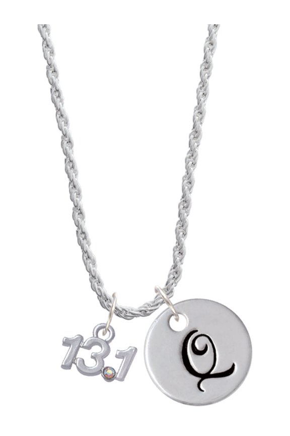 Silvertone Half Marathon - 13.1 with Clear AB Crystal Silvertone Script Initial Disc - Q - Charm Necklace, 20"+3"